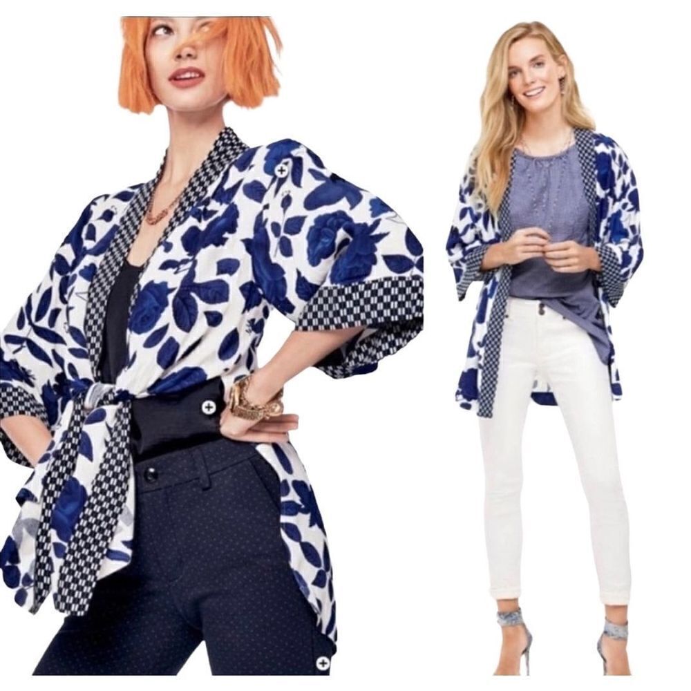 CAbi Blue and White Floral Kimono Jacket